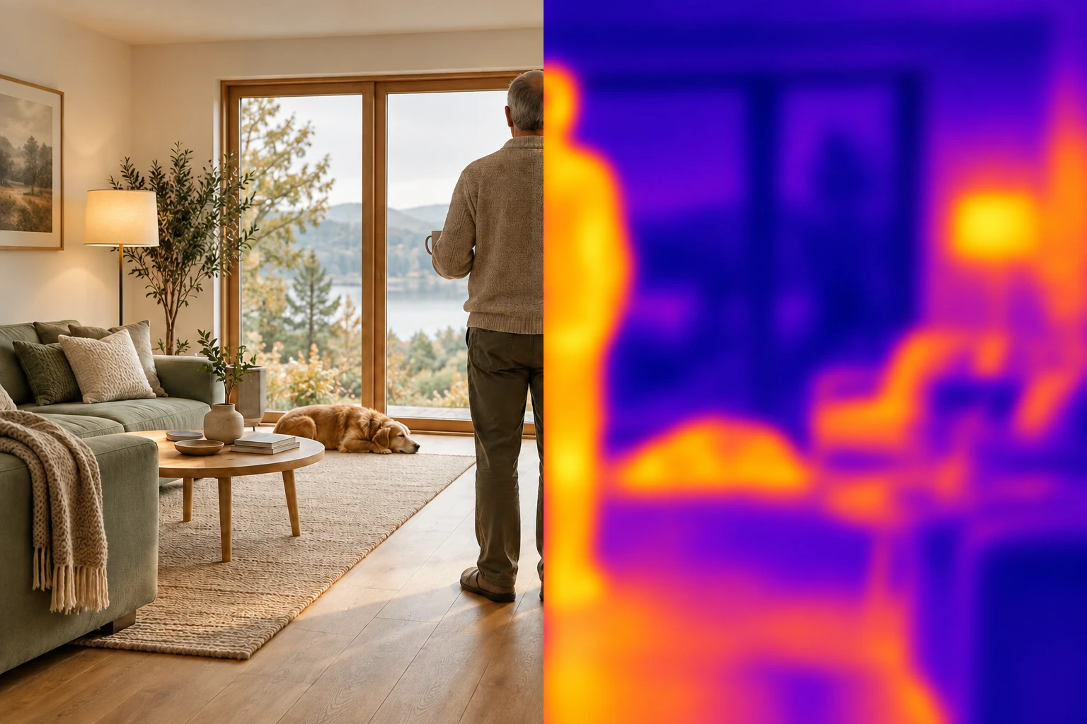 Illustration of an older person at home, split between a natural view and a heat-pattern visualization.
