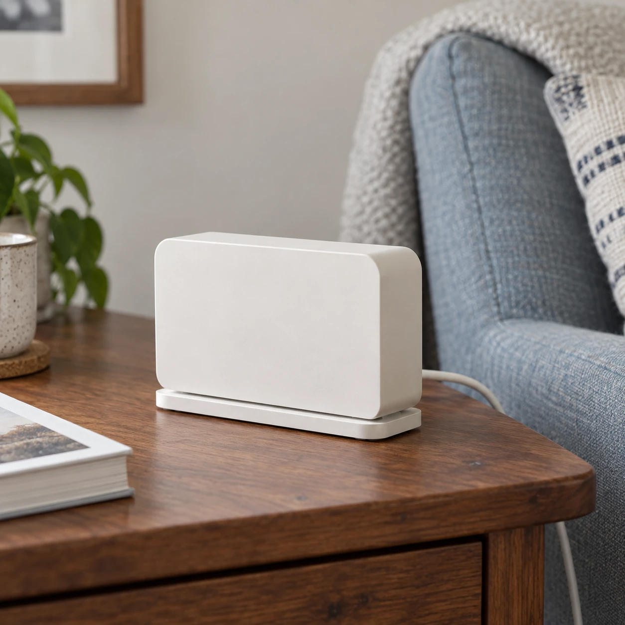DenPods on a wooden side table beside an armchair, with its power cable running behind the table